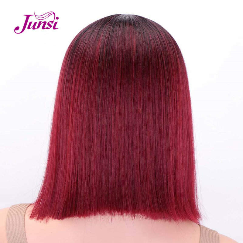 JUNSI قصيرة الأحمر بوب الاصطناعية الباروكات الأسود مستقيم الشعر الجزء الأوسط أومبير شعر مستعار للنساء عالية درجة الحرارة الألياف الشعر