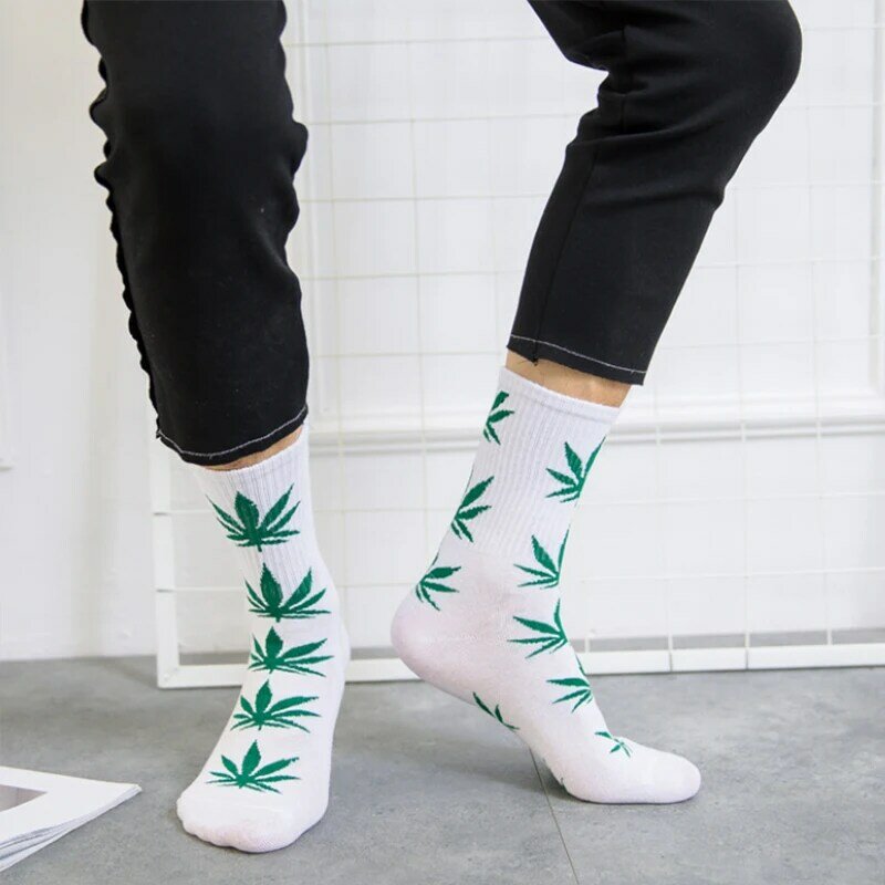 Meias de algodão com folha de marijuana, meias casuais com 1 par