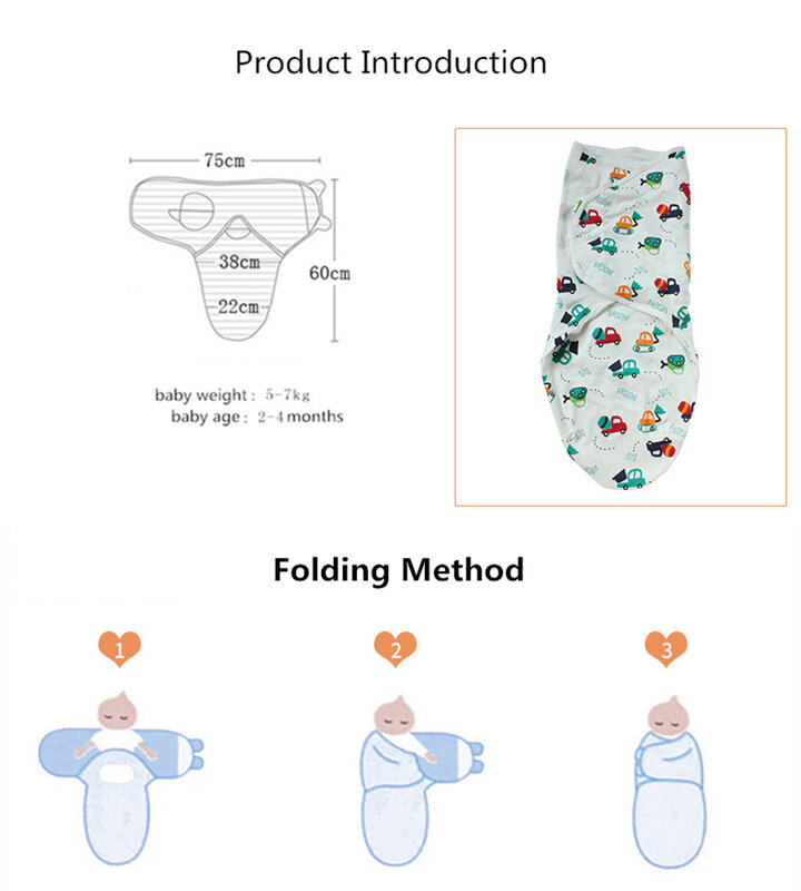 Faixa envoltória de algodão para bebê, saco de dormir macio para bebês de 1 a 4 meses, 3 peças