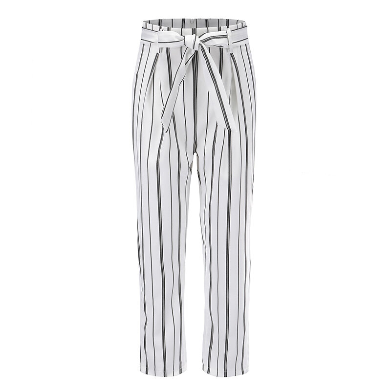 Модные уличные брюки размера плюс, женские белые полосатые брюки до середины икры со средней талией, женские хлопковые брюки для девочек 81788