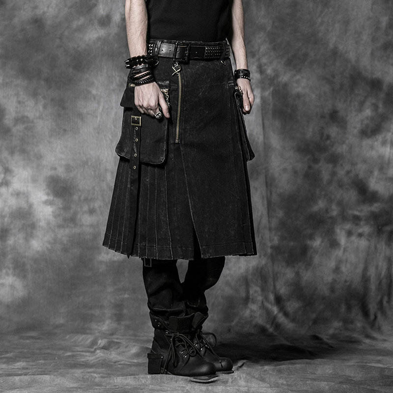 Brown gótico do punk escocês kilt traje bolsos duplos saias masculinas cinto treliça saias de corrente de bolso bilateral