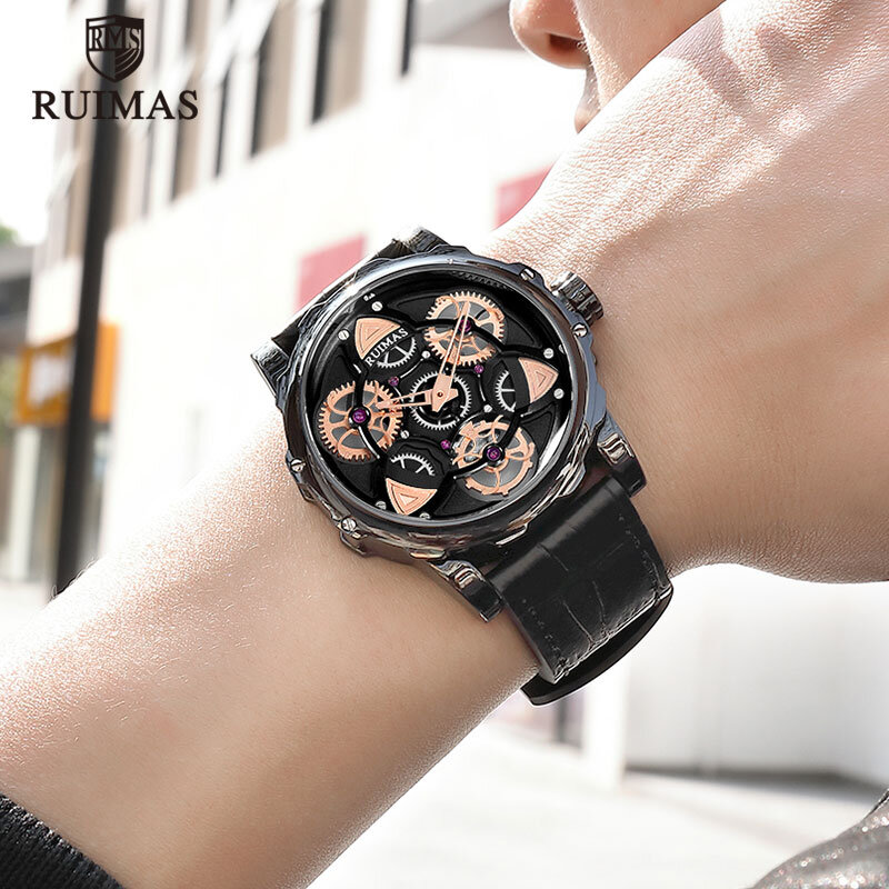 RUIMAS-ساعة يد جلدية سوداء إبداعية للرجال ، سوار دوار للرجال