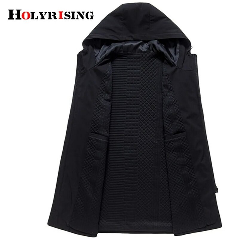 Holyrising-gabardina Larga informal para Hombre, abrigo ajustado Vintage con capucha, Chaqueta negra con cremallera, 18618-5