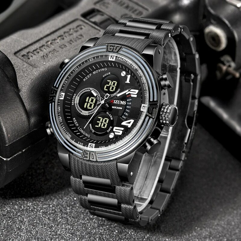 Mens นาฬิกา Luxury ชายนาฬิกาผู้ชาย Chrono กีฬานาฬิกาข้อมือควอตซ์ดิจิตอลนาฬิกาผู้ชายสีดำ PU กันน้ำ Relogio ...