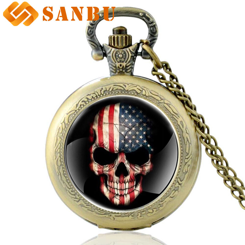 W stylu Vintage flaga amerykańska czaszka zegarek kieszonkowy mężczyźni Retro brązu szkielet naszyjnik zegarek kwarcowy