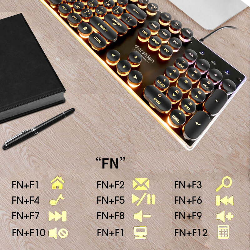 Gaming rosyjska angielska klawiatura Retro okrągły świecący Keycap metalowy Panel podświetlany USB przewodowy podświetlany obramowanie