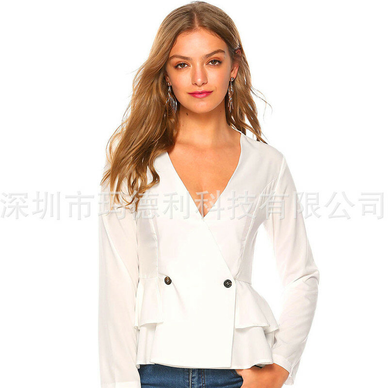 2019 Ruches Vrouwen Blouses Casual Vrouwen Shirts Wit V-hals Vrouwen Tops Draagbare Zoete Blouses