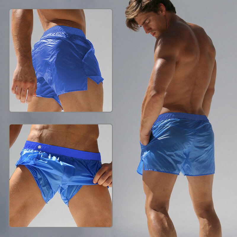 Sexy maiô calças de praia masculinas banho de surf translúcido shorts sweatpants