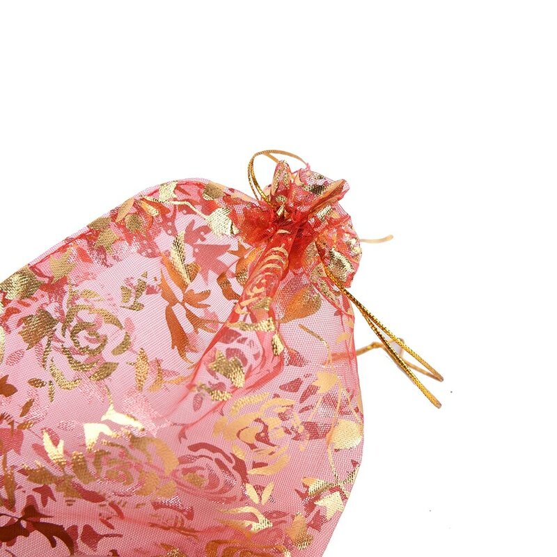 Bolsas de Organza con cordón para embalaje de regalos, bolsitas de Organza dibujables de Color rosa y oro rojo, 13x18cm, 10 Uds. Por lote