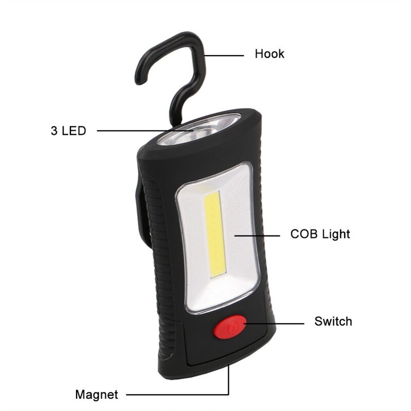 Sanyi lanterna led portátil multifuncional, cob, gancho dobrável, luz de inspeção, lanterna, lâmpada magnética, 3xaaa