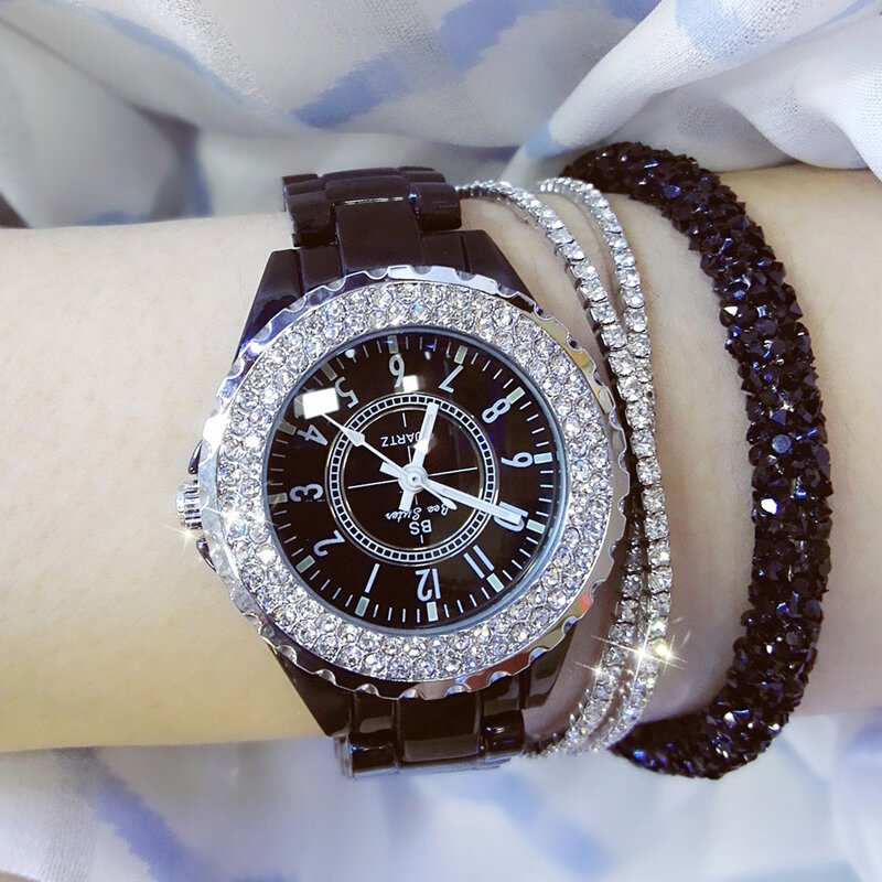 Relojes de cuarzo de lujo para mujer, reloj de pulsera con correa de cerámica blanca, a la moda con diamantes, femenino
