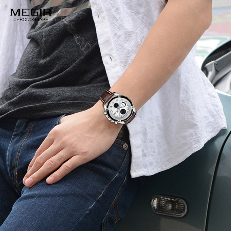 Megir oficial relógio de quartzo masculino relógios moda couro genuíno cronógrafo relógio para gentle masculino estudantes reloj hombre 2015