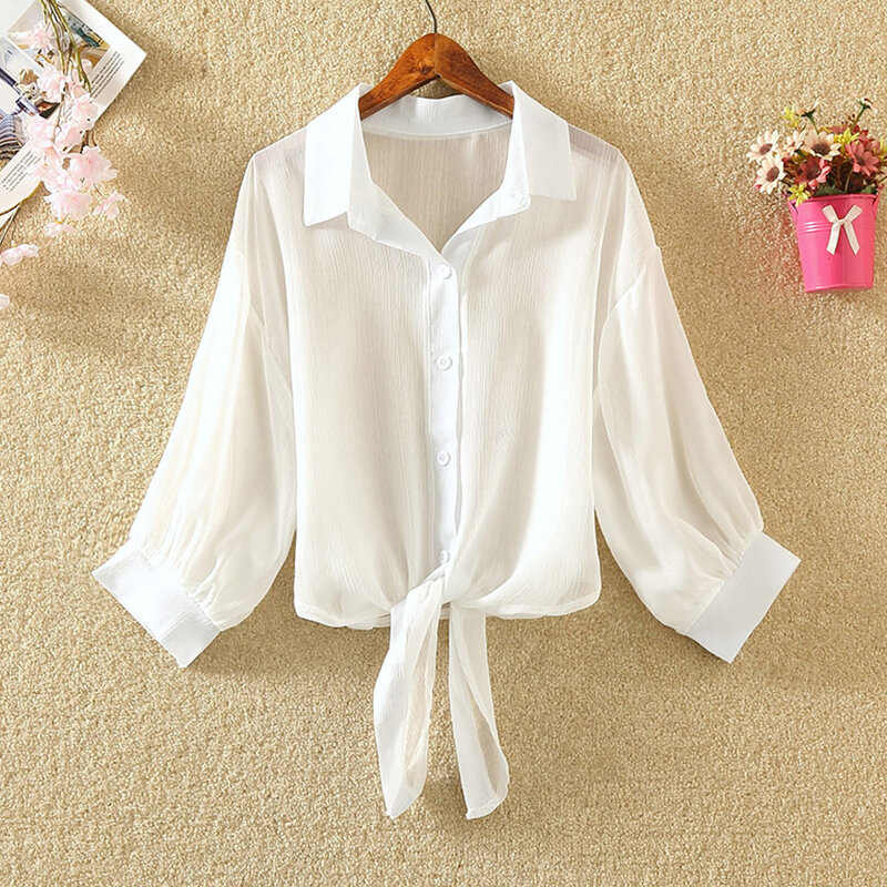Camisa de media manga con botones para mujer, blusa blanca informal holgada de gasa con cintura atada, blusa elegante para verano, 2021
