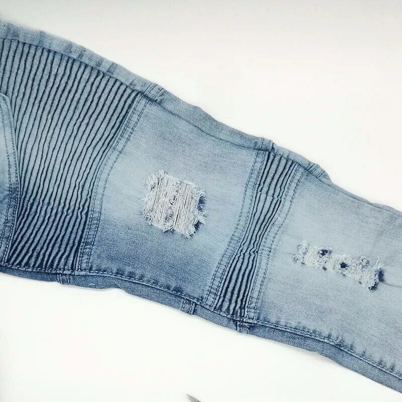 Мужчины хип-хоп Denim огорчен рваные отверстия джинсы тощий тонкий байкерские джинсы