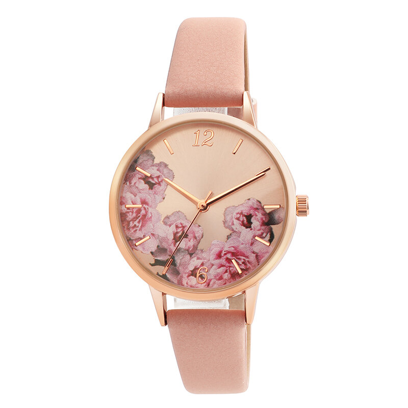 Relógios casuais femininos pu pulseira de couro estampa floral caixa redonda quartzo relógio feminino