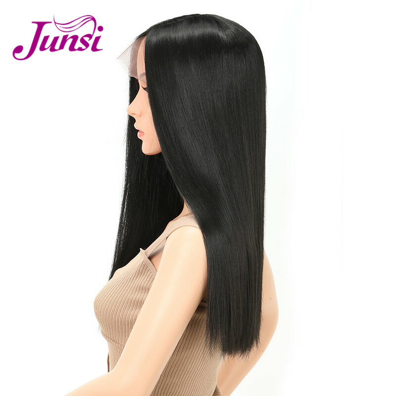 JUNSI-Peluca de cabello sintético para mujer, cabellera artificial largo con malla frontal, color negro con parte media, fibra resistente al calor