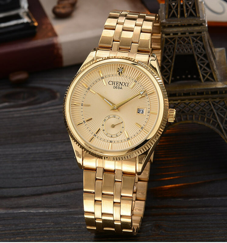 Chenxi relógio de ouro homens relógios top marca de luxo famoso relógio de pulso masculino relógio de pulso de quartzo dourado calendário relogio masculino