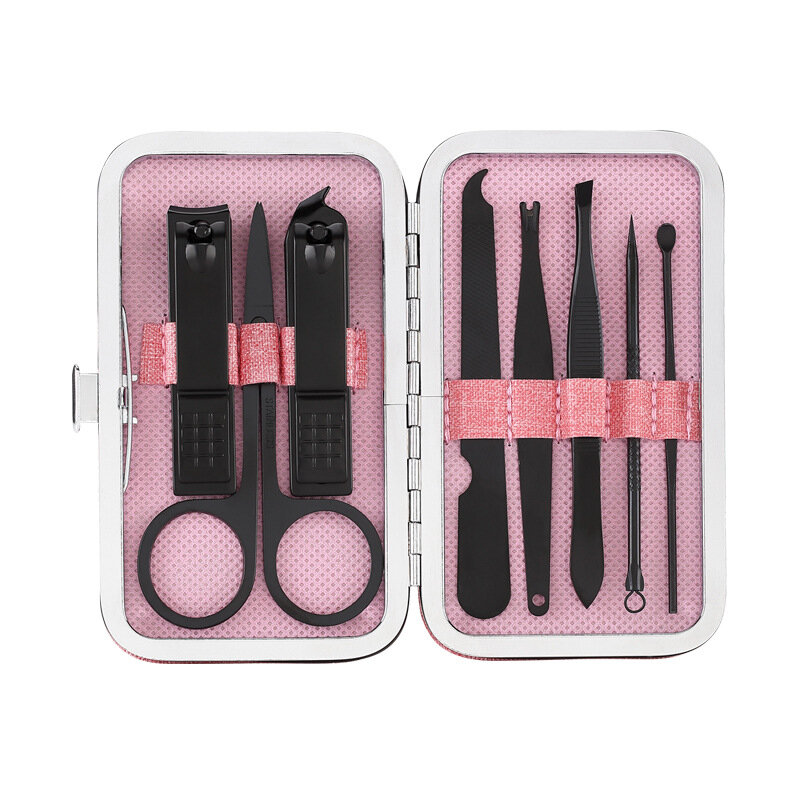 Kit de manicure para unhas, tesouras e cortadoras de unhas, multifuncionais, de aço inoxidável, preto, para manicure e pedicure, 8 peças