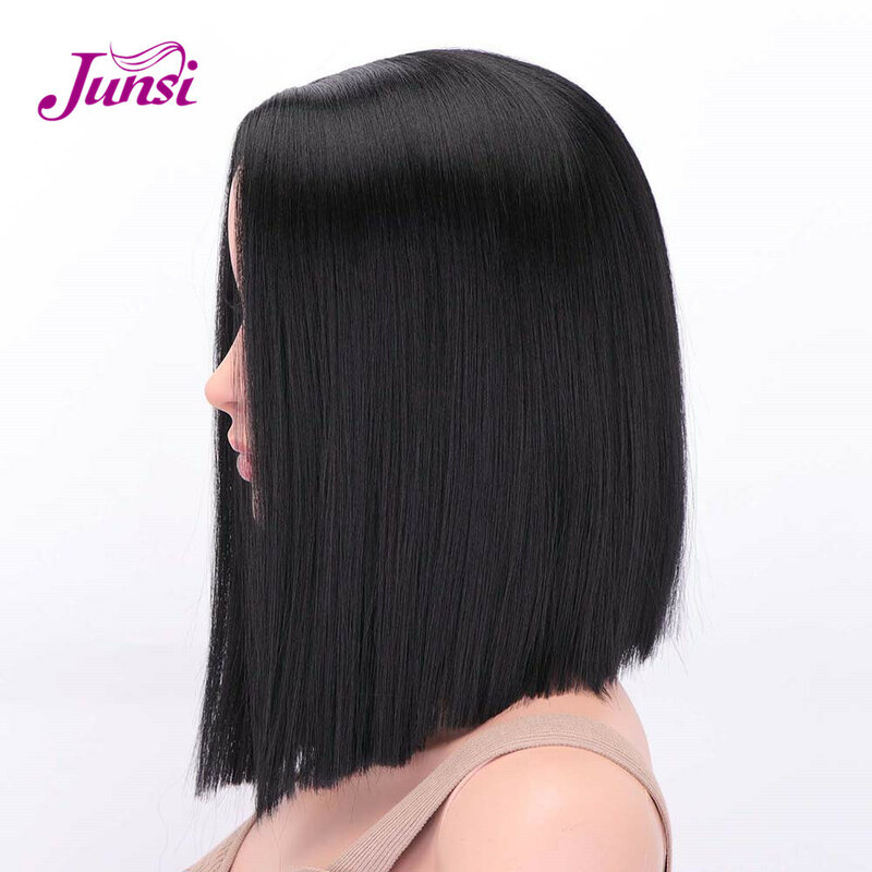 JUNSI Short Red Bob Synthetic Wigs Black Straight Hair Middle Part Ombre Wig for Women High Temperature Fiber Hair