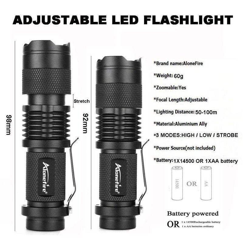 Alonefire-mini lanterna portátil sk68 cree xpe, q5, led, com zoom, para aa ou 14500