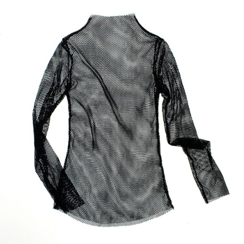 女性のためのセクシーなメッシュTシャツ,透かし彫りのタイトな長袖Tシャツ,透明なネックラインを備えたカジュアルなチュールTシャツ