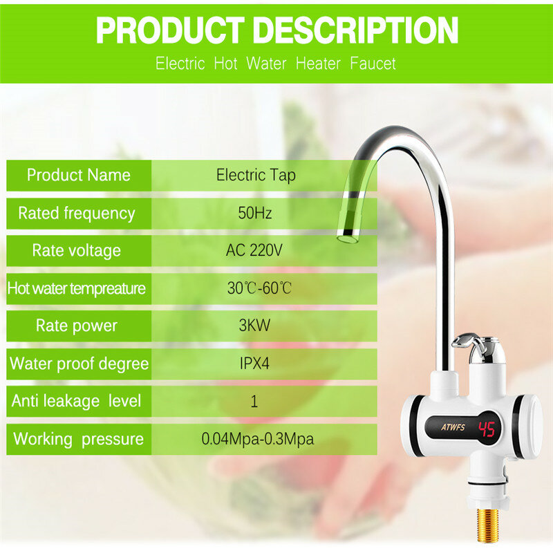 Electric Tankless Hot Water Tap Instant Hot Water Heater Heating Faucet  Instantaneous Water Heater for Kitchen and Bathroom