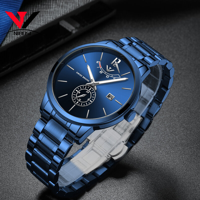 Nibosi relógio masculino moderno e luxuoso, à prova d'água, analógico e de quartzo de aço, azul, 2019