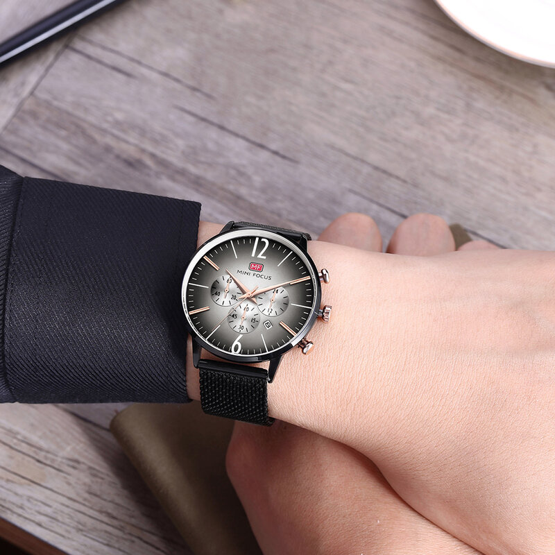 Minifocus relógio masculino de quartzo, relógio fashion para homens de negócios de aço inoxidável de luxo à prova d'água ultrafino