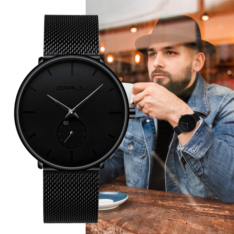 Top Brand CRRJU Luxury Men Watch Classic Black Mesh Men Wrist Watch Fashion Design Ultra-thin Sport Watch Relogio Masculino