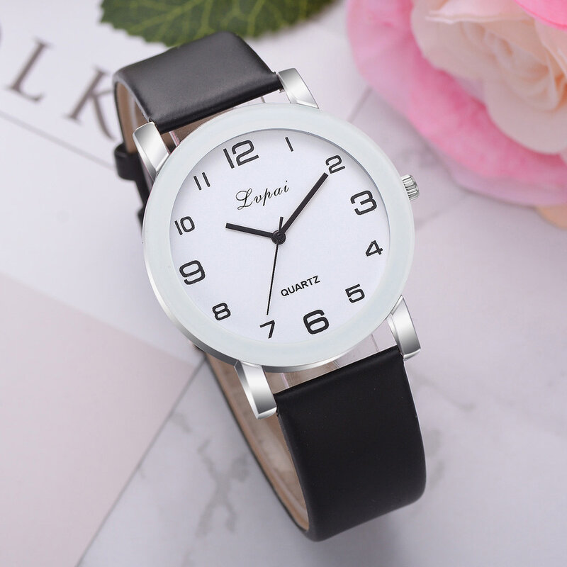 Lvpai relógio de pulso feminino, relógio fashion simples de quartzo branco, pulseira de couro casual para mulheres