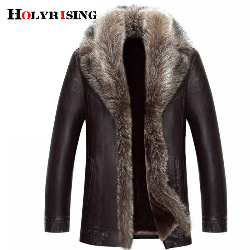 ホライア-メンズ合成皮革ジャケット,アライグマの髪の襟,冬用,厚手のコート,コダカフェ,革,M-5XL