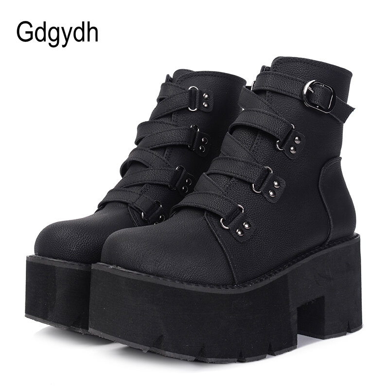 Gdgydh-Botines de Plataforma para Mujer, Zapatos de Tacón de PU Cómodos, con Suela de Goma y Hebilla, Cuero, Color Negro, Otoño