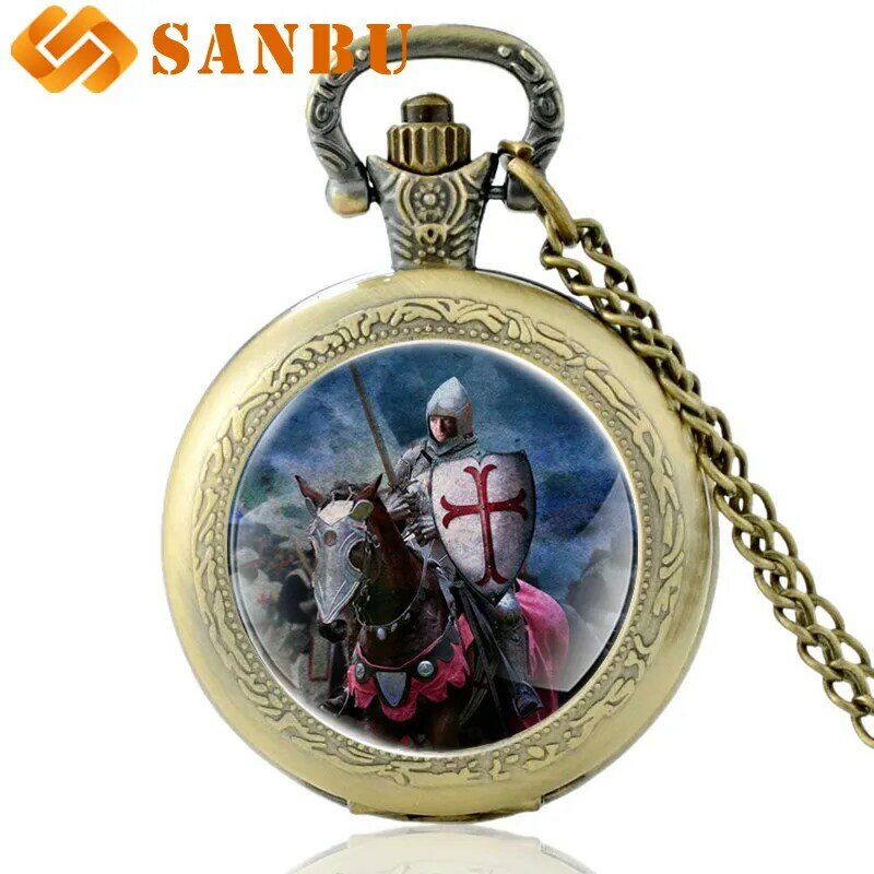 Vintage cavaleiro templar relógio de bolso retro masculino mulher bronze quartzo pingente colar jóias