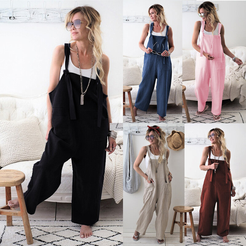 Combinaison pantalon en lin et coton pour femmes, ample, grande taille XL, 5 couleurs au choix