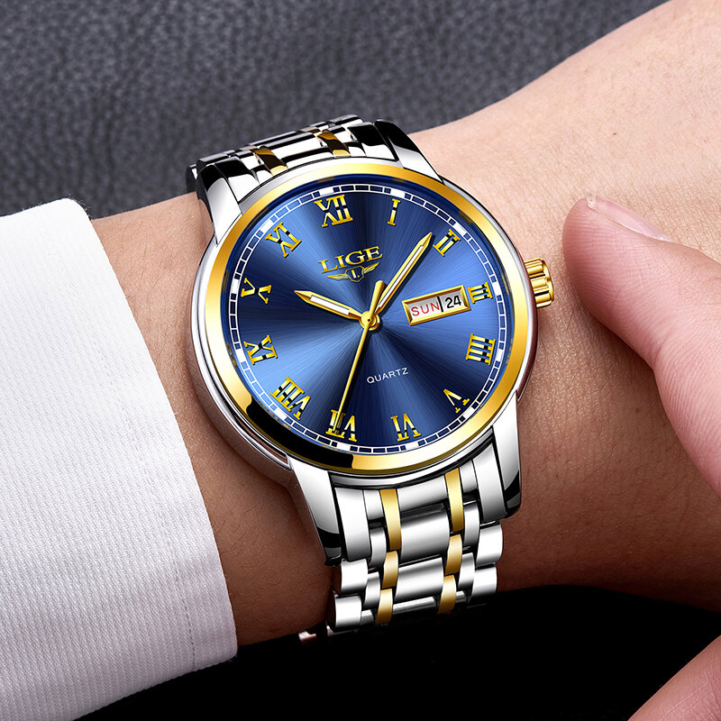 Часы наручные LIGE Мужские кварцевые, роскошные брендовые золотистые спортивные водонепроницаемые, с коробкой, из нержавеющей стали