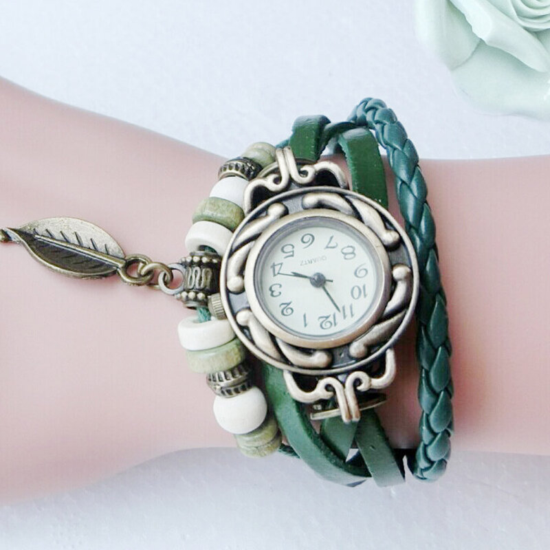 Reloj Retro de cuarzo para Mujer, pulsera de cuero trenzado, regalo, XQ