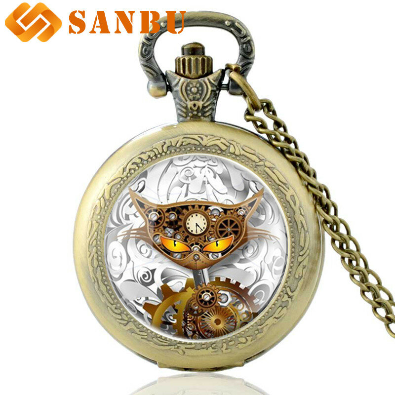 Relógio de bolso vintage prateado de quartzo, relógio de bolso com colar de gato retrô e preto, joias da moda