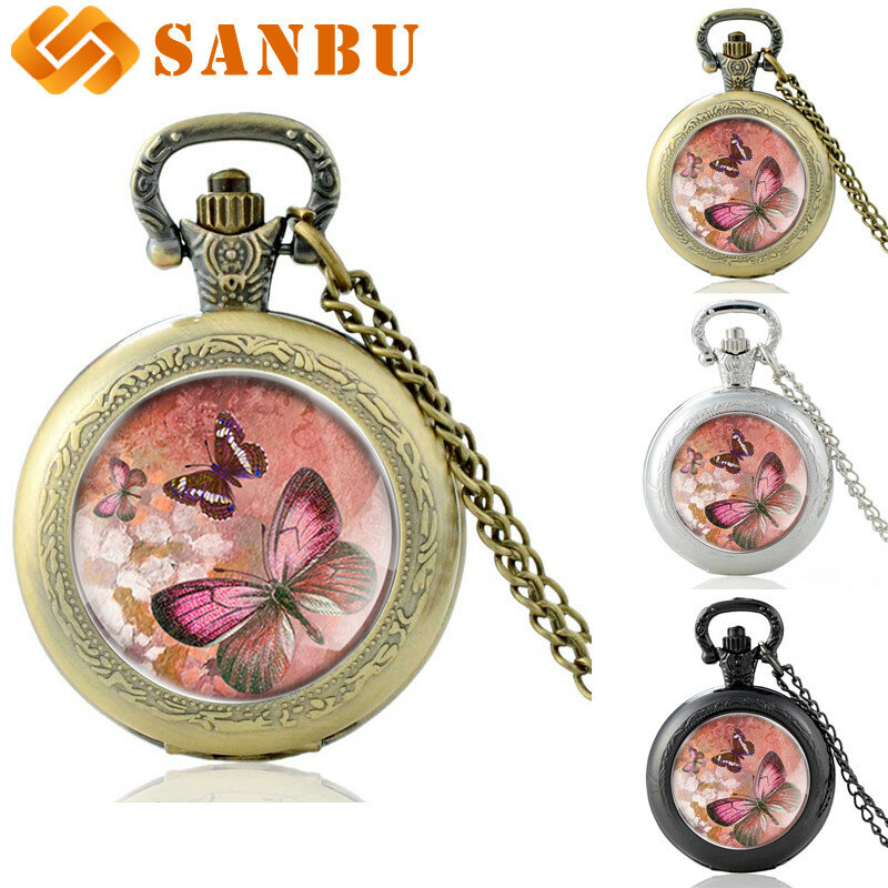 Bonito rosa borboleta charme colar relógio de bolso vintage masculino feminino antigo jóias quartzo colar relógios