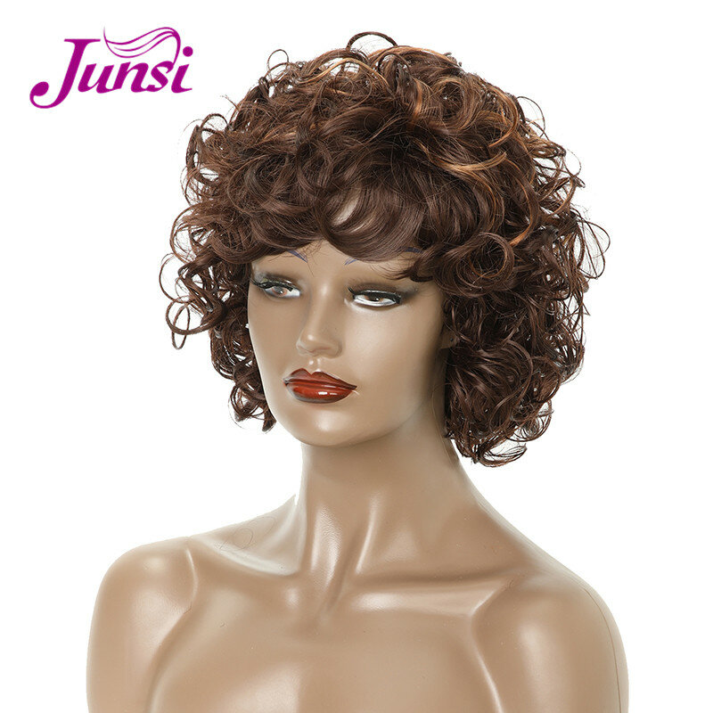 شعر مجعد قصير من JUNSI للنساء شعر اصطناعي مختلط بني اللون