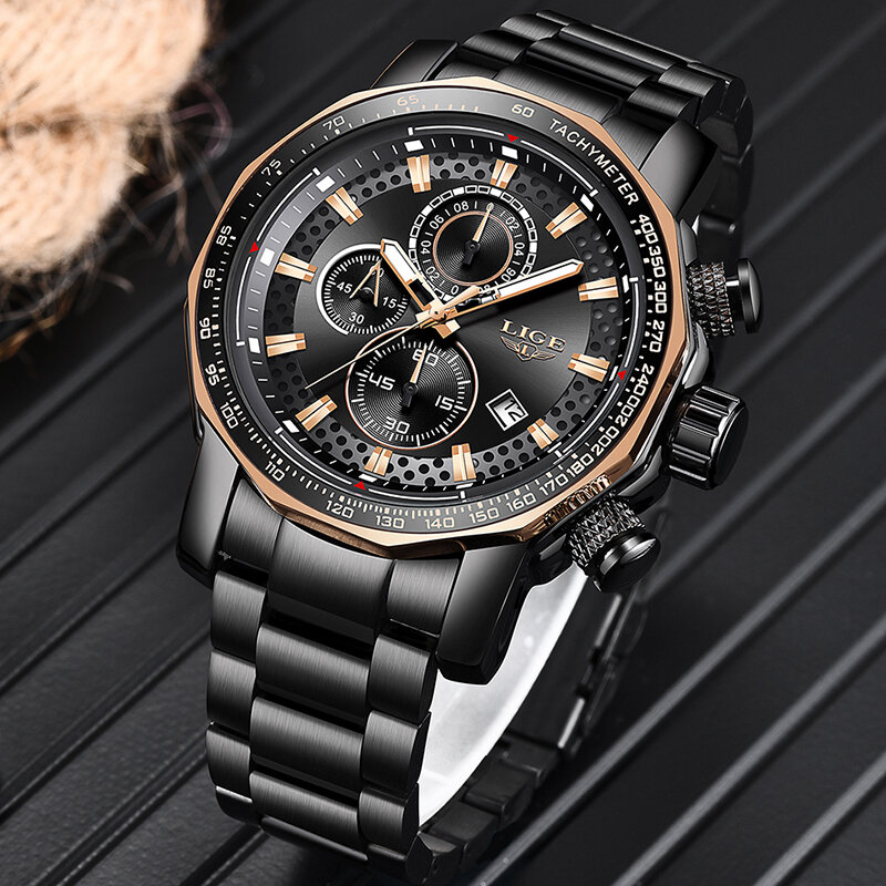 Nuevos relojes para hombre de 2019 LIGE de marca superior de lujo deportes de cuarzo todo acero hombre reloj militar a prueba de agua cronógrafo reloj Masculino