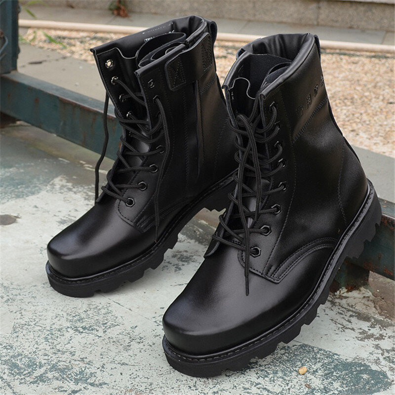 Botas militares de cuero de microfibra con punta de acero para Hombre, zapatos para montar en motocicleta, caza, caminar, diseñador, color negro