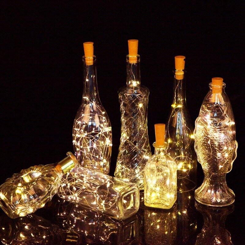 Cordel LED para botella de vino con corcho, 20 luces para botellas, corcho de batería para fiestas, bodas, Navidad, Halloween, bar, decoración en blanco cálido