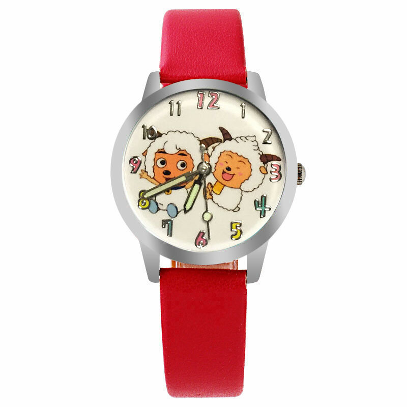 Reloj luminoso con dibujos animados de ovejas blancas y rosas para niños, pulsera femenina de cuero y cristal, informal