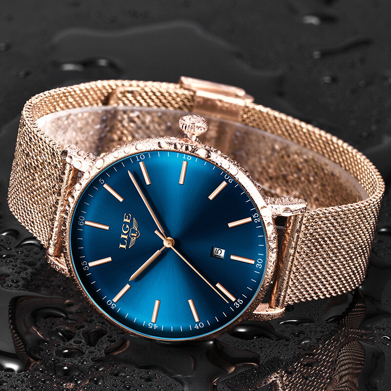 LIGE 女性の腕時計トップブランドの高級レディースメッシュベルト超薄型腕時計ステンレス鋼防水時計クォーツ時計リロイ mujer