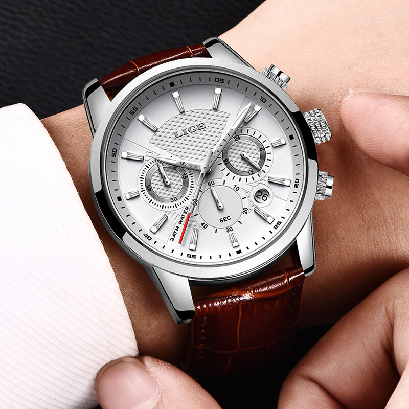 Lige relógio masculinos de quartzo, novidade luxuosa de 2020 de couro para empresário à prova d'água