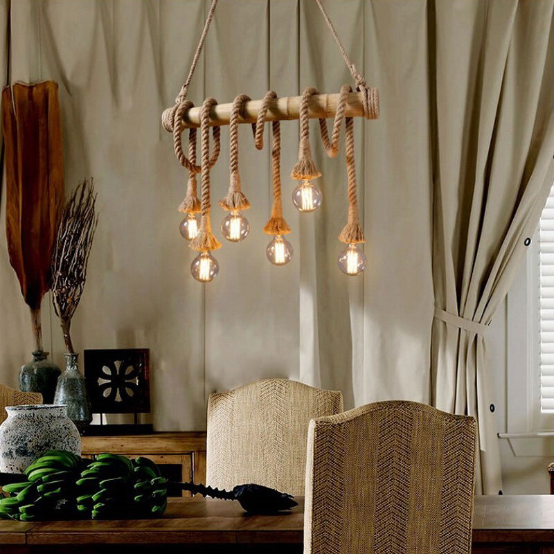 Lámpara de araña industrial con cuerda de bambú, lámpara colgante con Heamp, para restaurante, sala de estar, tienda de ropa, Bar, cafetería