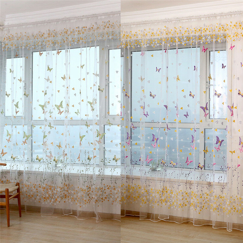 Cortinas de tul con estampado de ramas de mariposa para sala de estar, cortina de gasa para ventana interior, decoración de balcón, 2020, 1 pieza