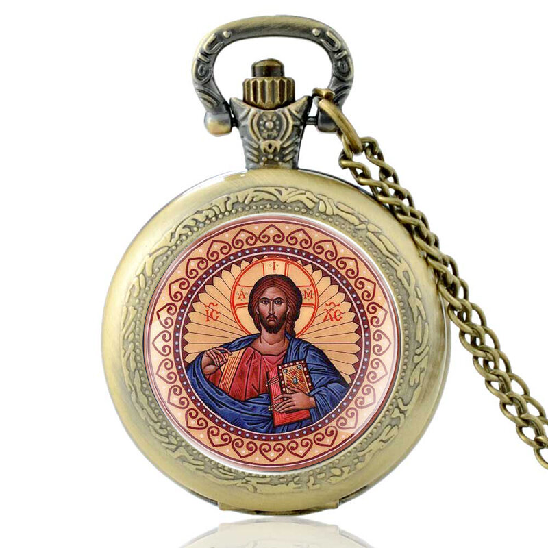 Vintage Bronze Eastern Orthodox Church Quartz Pocket Watch Classic Men Women  Pendant Necklace Gift