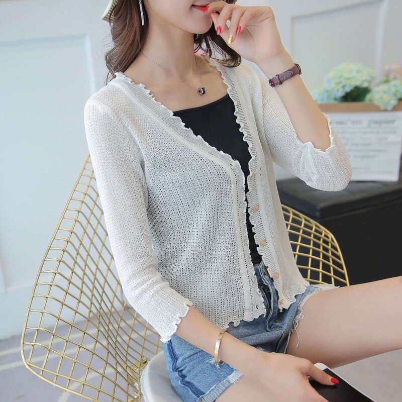 Fashion 2019 Spring And Summer New Style Of Pure Color Ice Silk Cardigan Summer Short Style Air Conditioning Knitted Coat