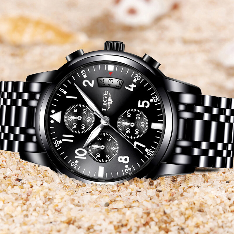 LIGE – montre de luxe pour hommes, à Quartz, entièrement en acier, étanche, noire, à la mode, pour le Sport